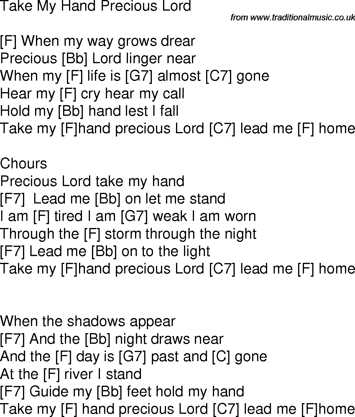 Old time song lyrics with chords for Take My Hand Precious Lord F
