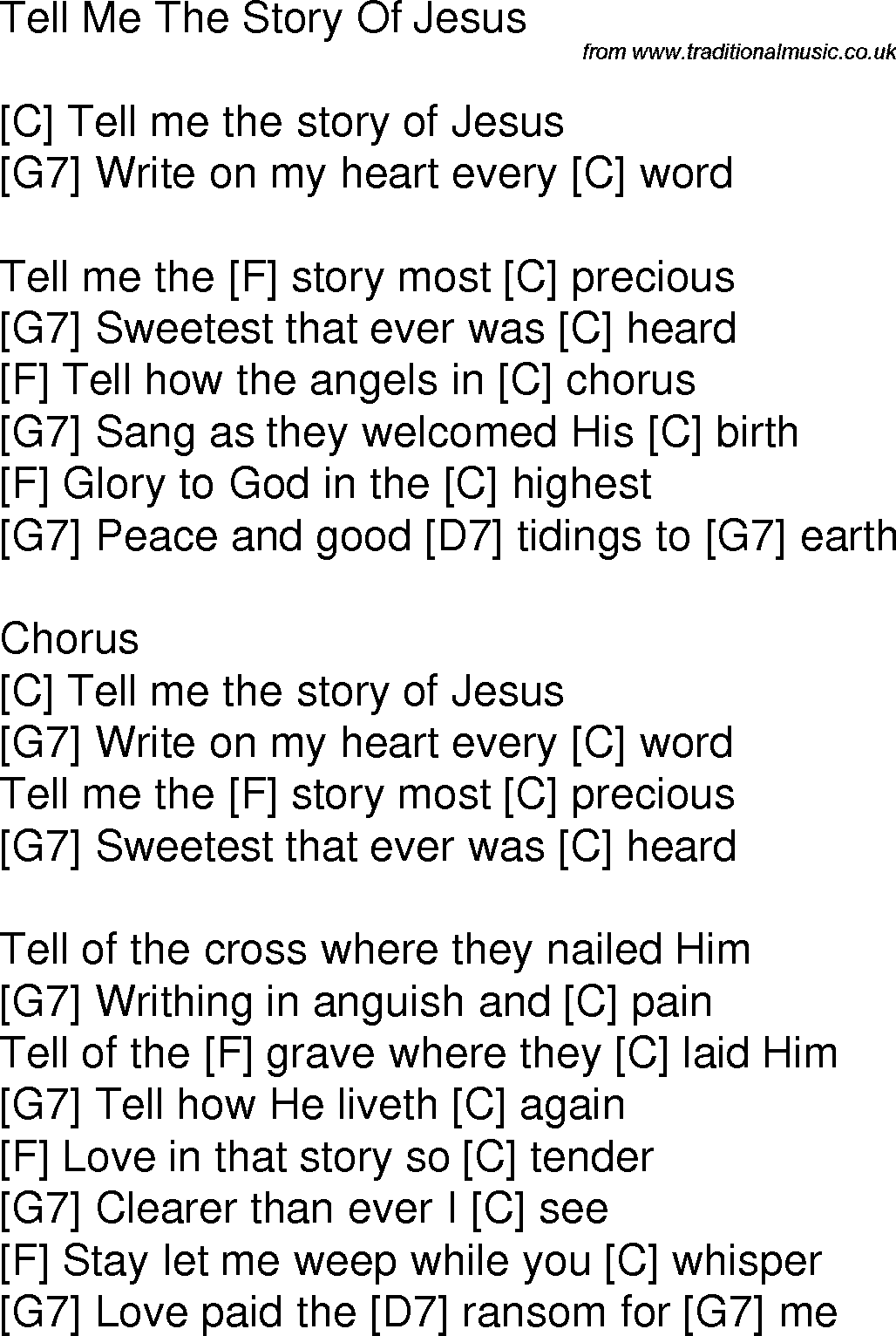 Old time song lyrics with chords for Tell Me The Story Of Jesus C