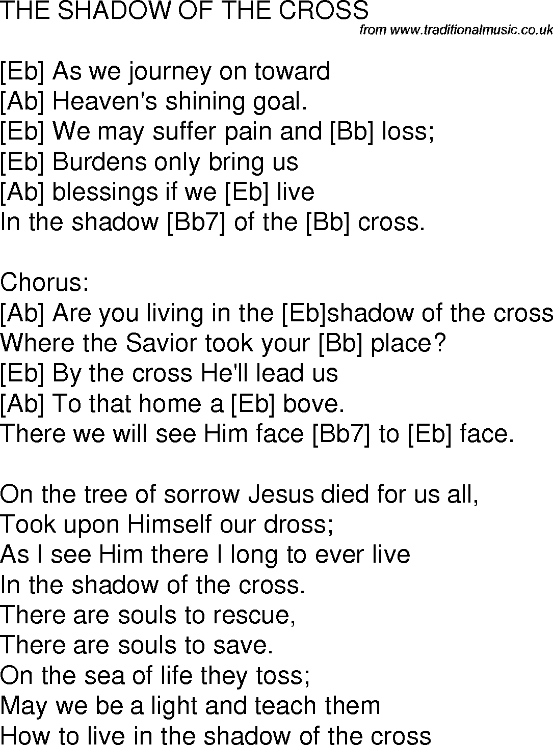 Old time song lyrics with chords for The Shadow Of The Cross Eb
