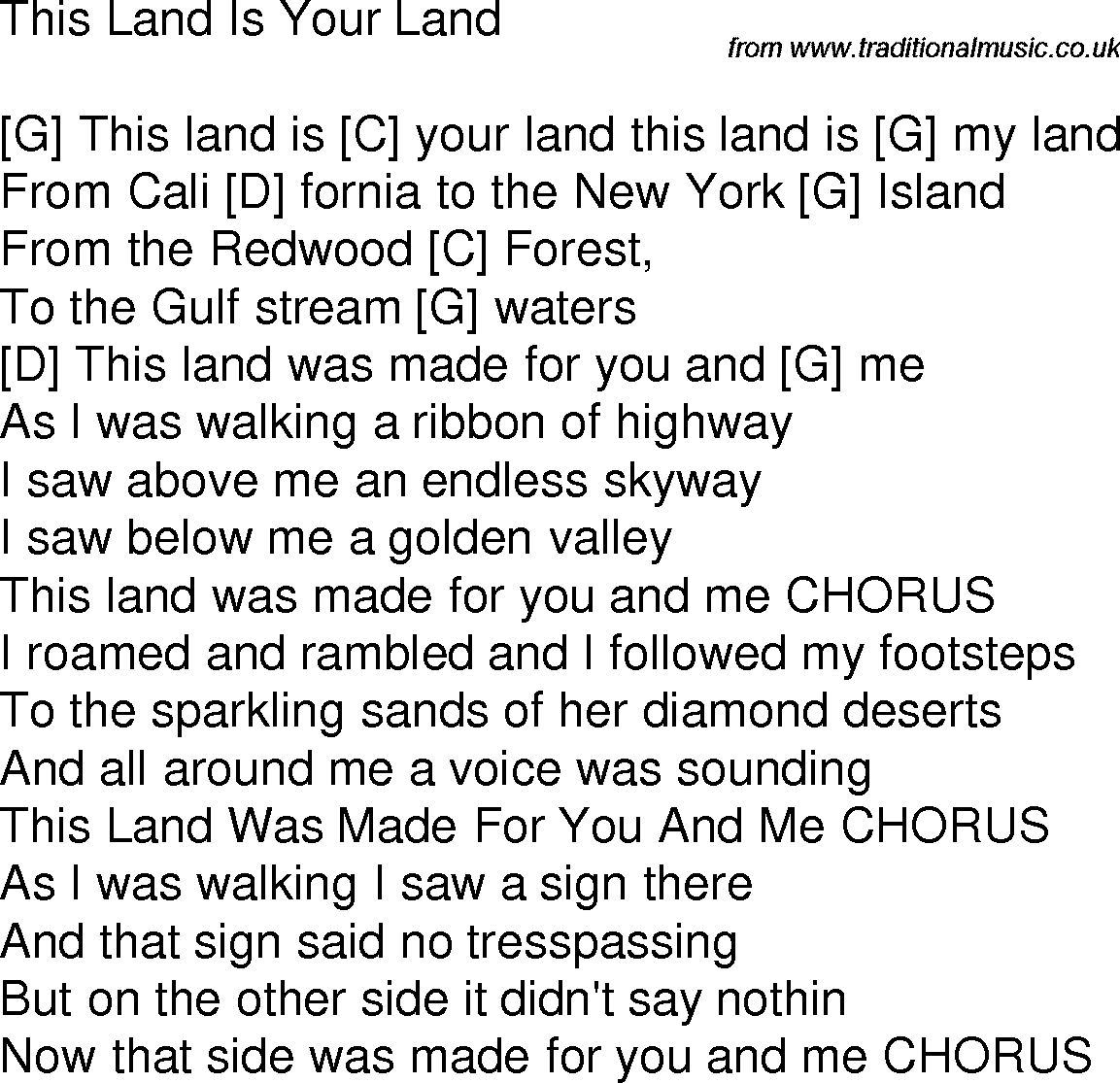 Old time song lyrics with chords for This Land Is Your Land G