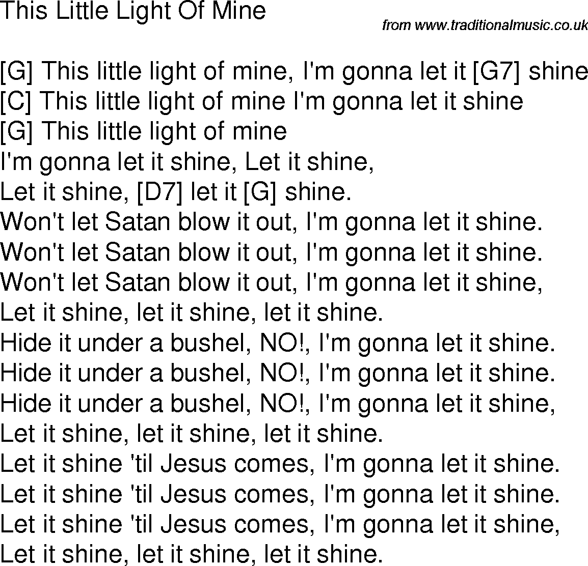 Old time song lyrics with chords for This Little Light Of Mine G