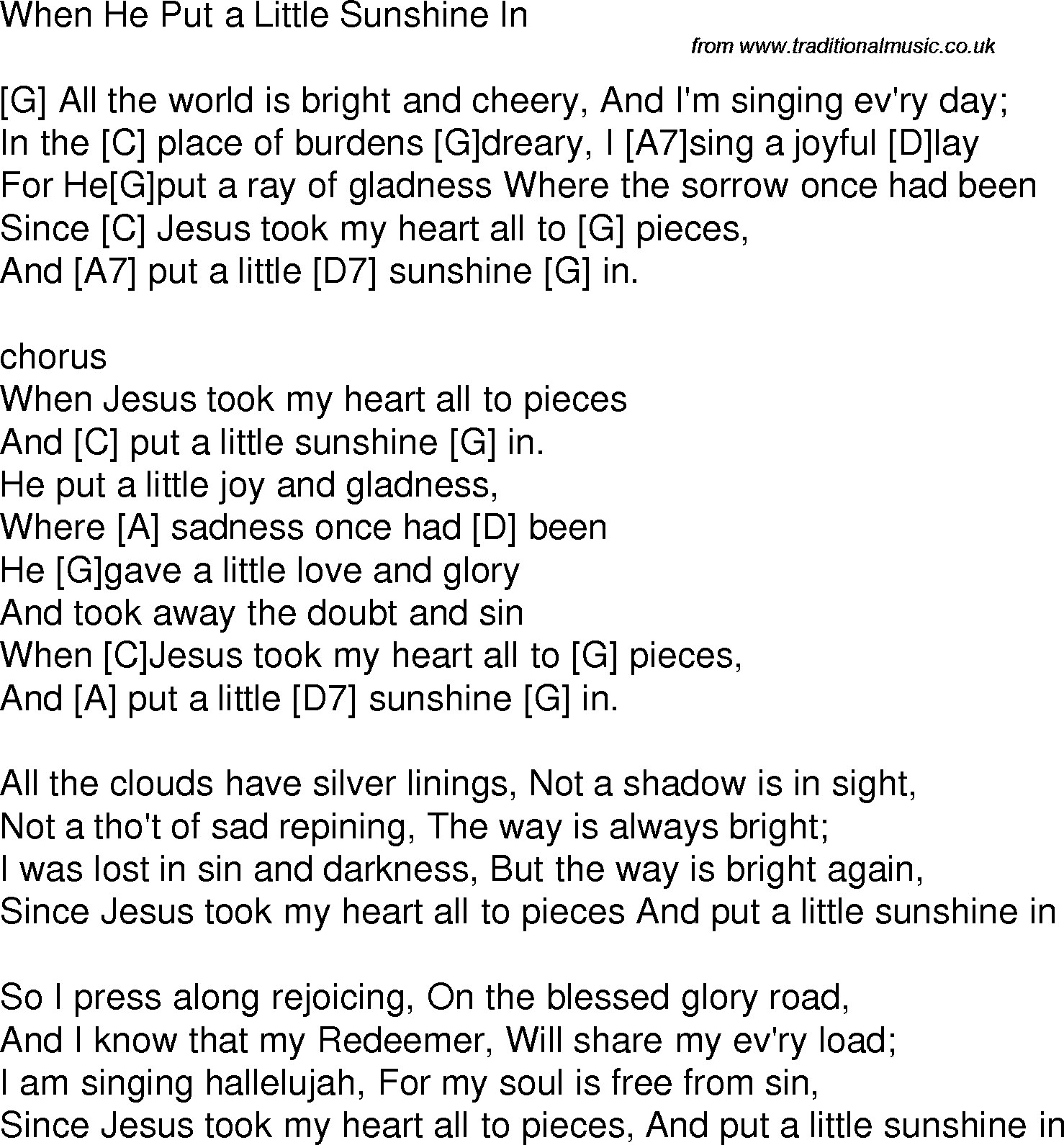 Old time song lyrics with chords for When He Put A Little Sunshine In G