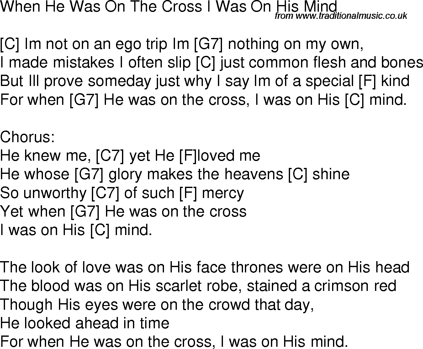Old time song lyrics with chords for When He Was On The Cross I Was On His Mind C