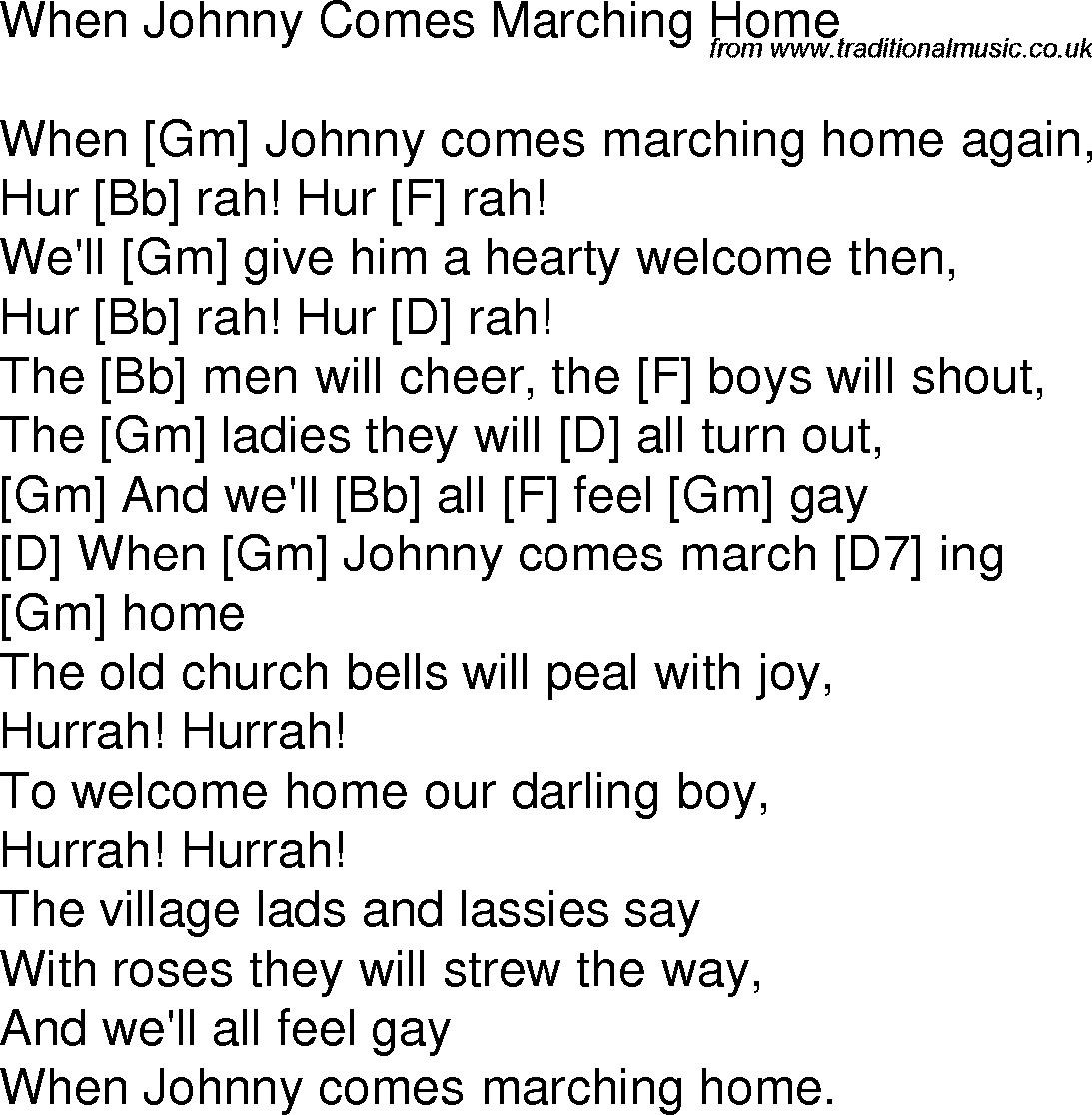 Old time song lyrics with chords for When Johnny Comes Marching Home Gm