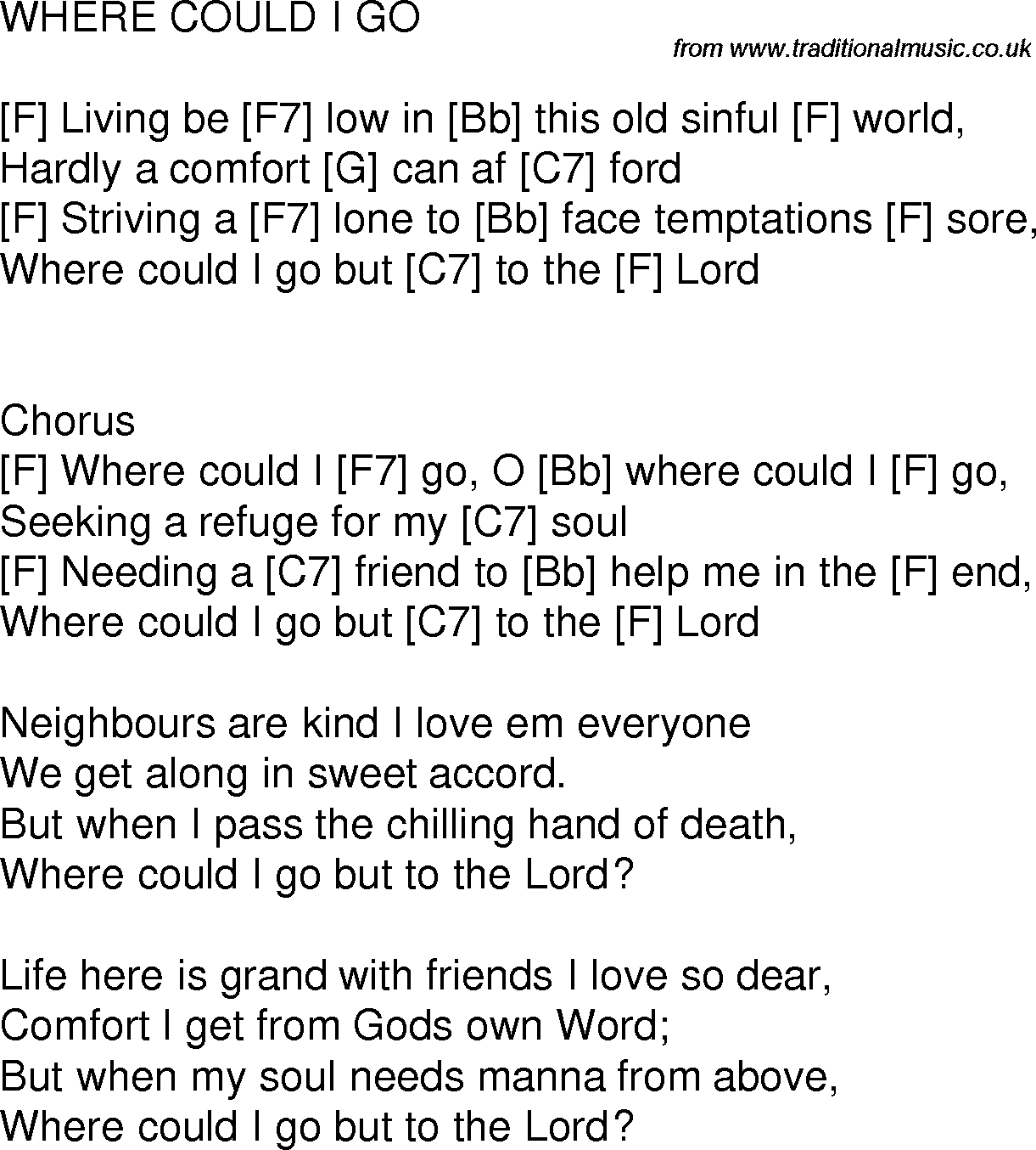 Old time song lyrics with chords for Where Could I Go F