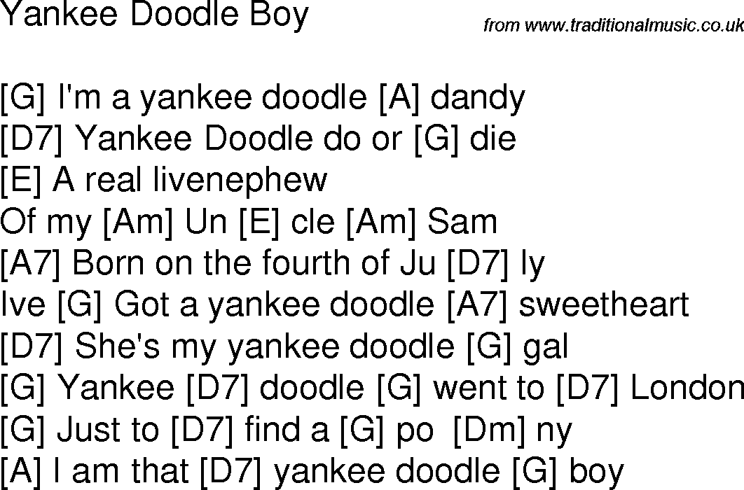 Old time song lyrics with chords for Yankee Doodle Boy G