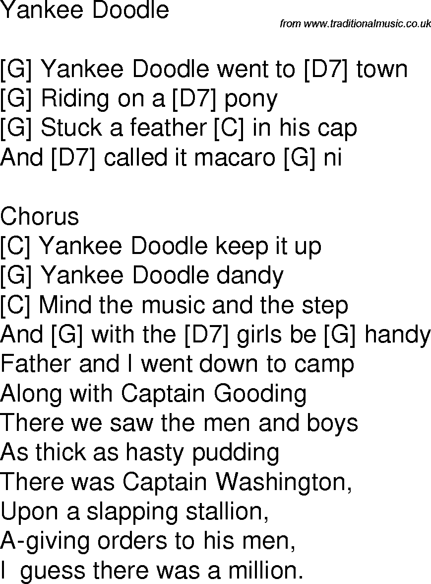 Old time song lyrics with chords for Yankee Doodle G