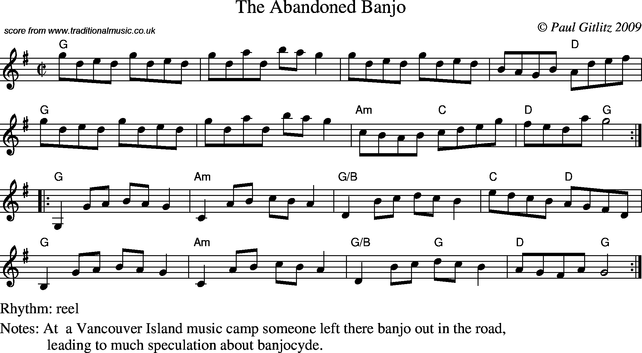 Sheet Music Score for Reel - Abandoned Banjo, The
