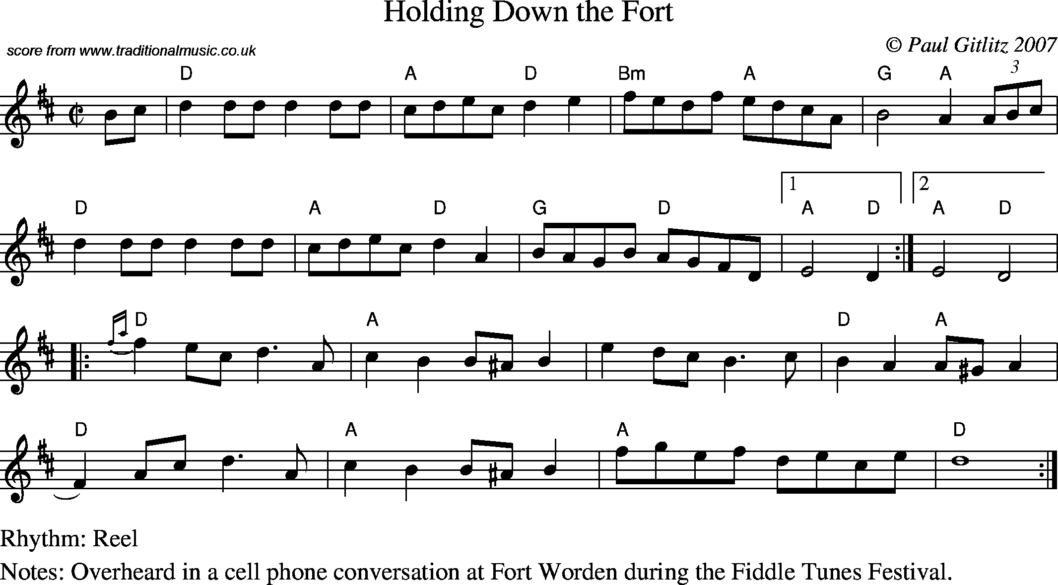 Sheet Music Score for Reel - Holding Down the Fort