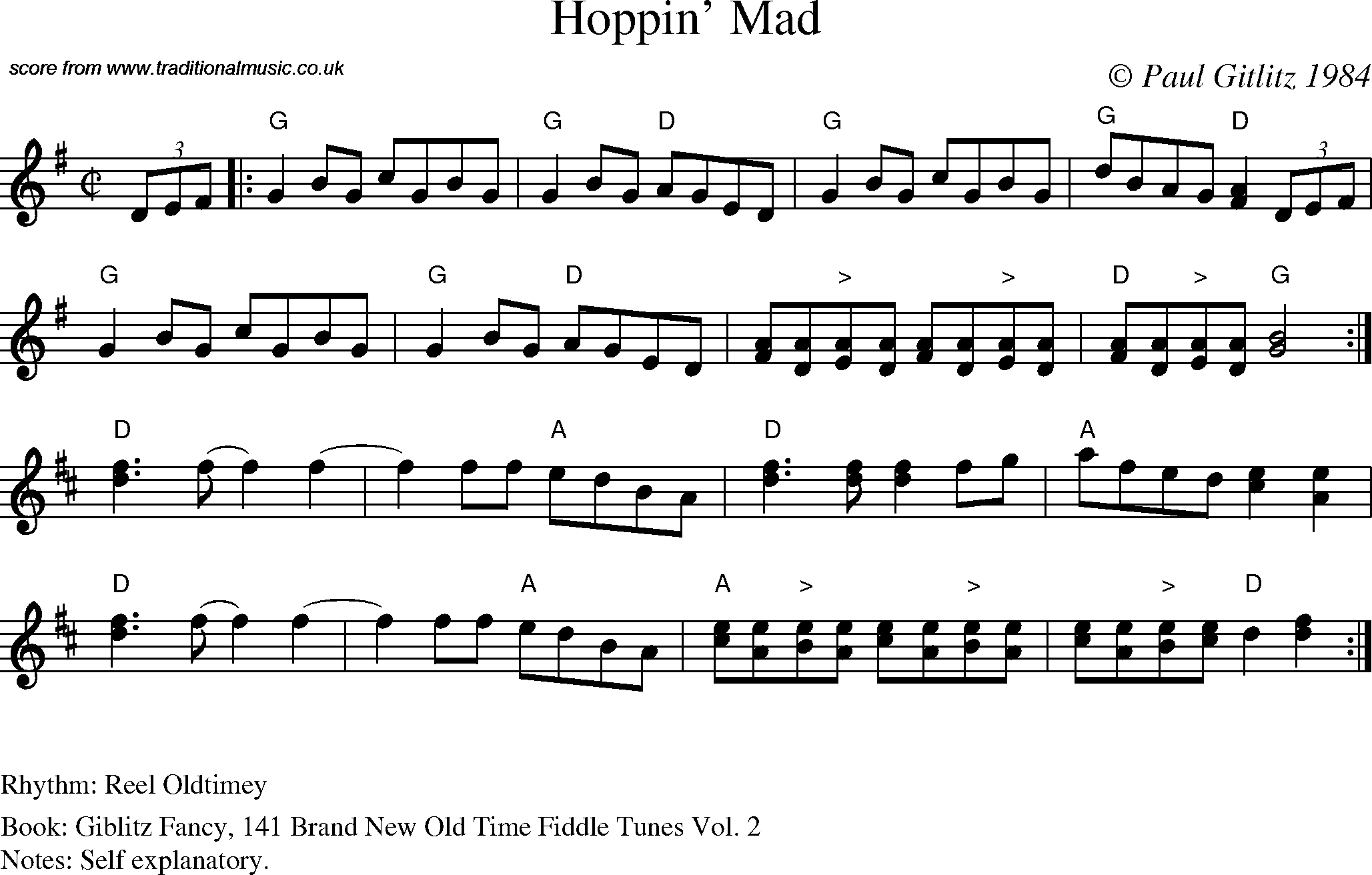 Sheet Music Score for Reel - Hoppin' Mad
