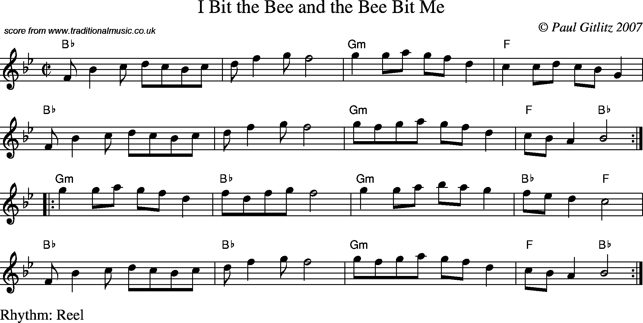 Sheet Music Score for Reel - I Bit the Bee and the Bee Bit Me