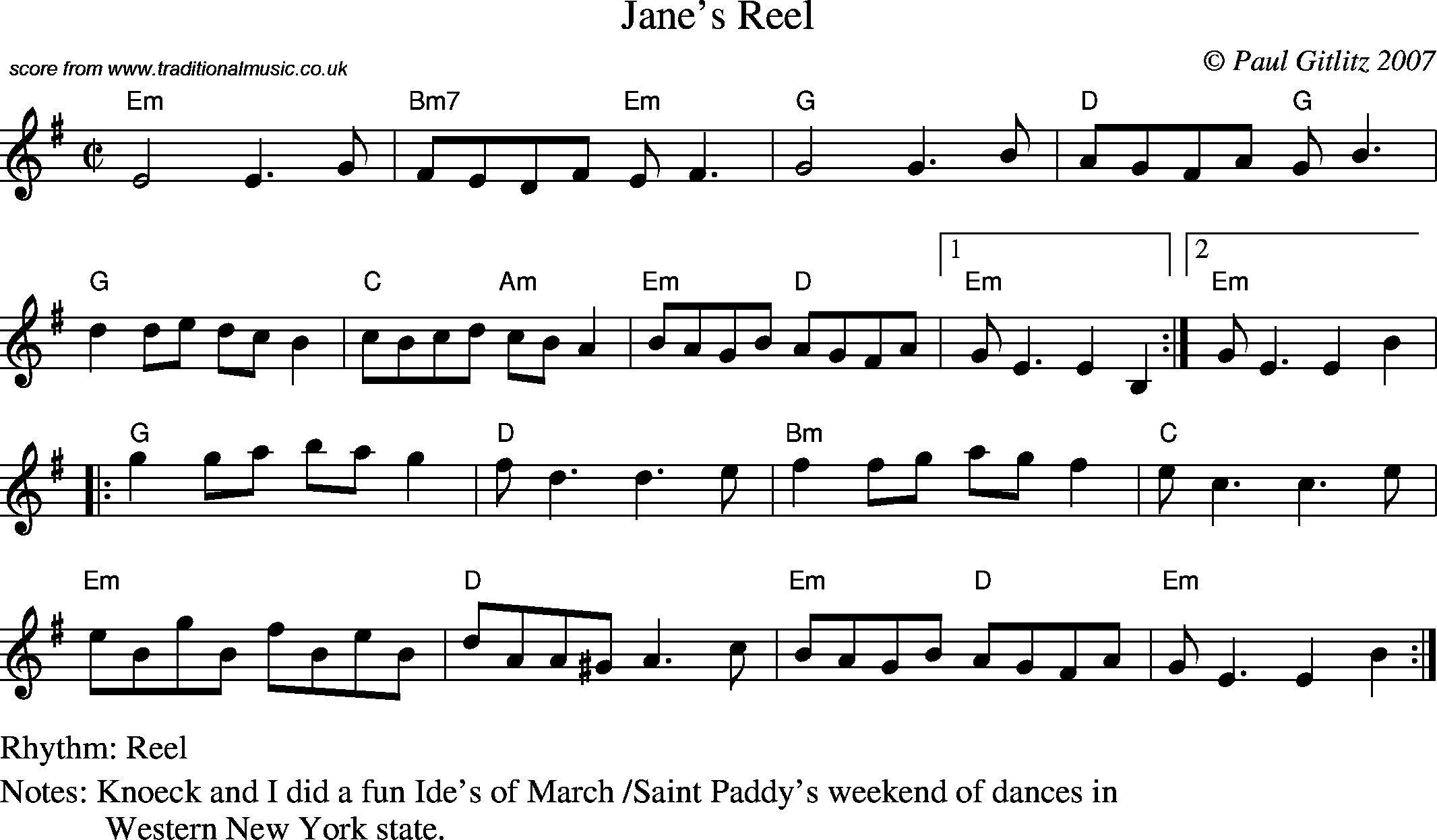 Sheet Music Score for Reel - Jane's Reel