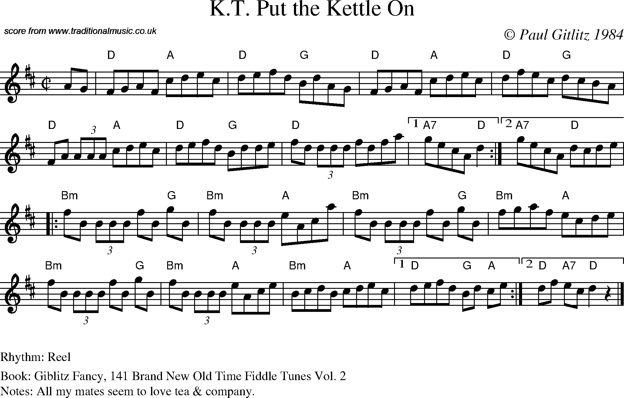 Sheet Music Score for Reel - K.T. Put the Kettle On