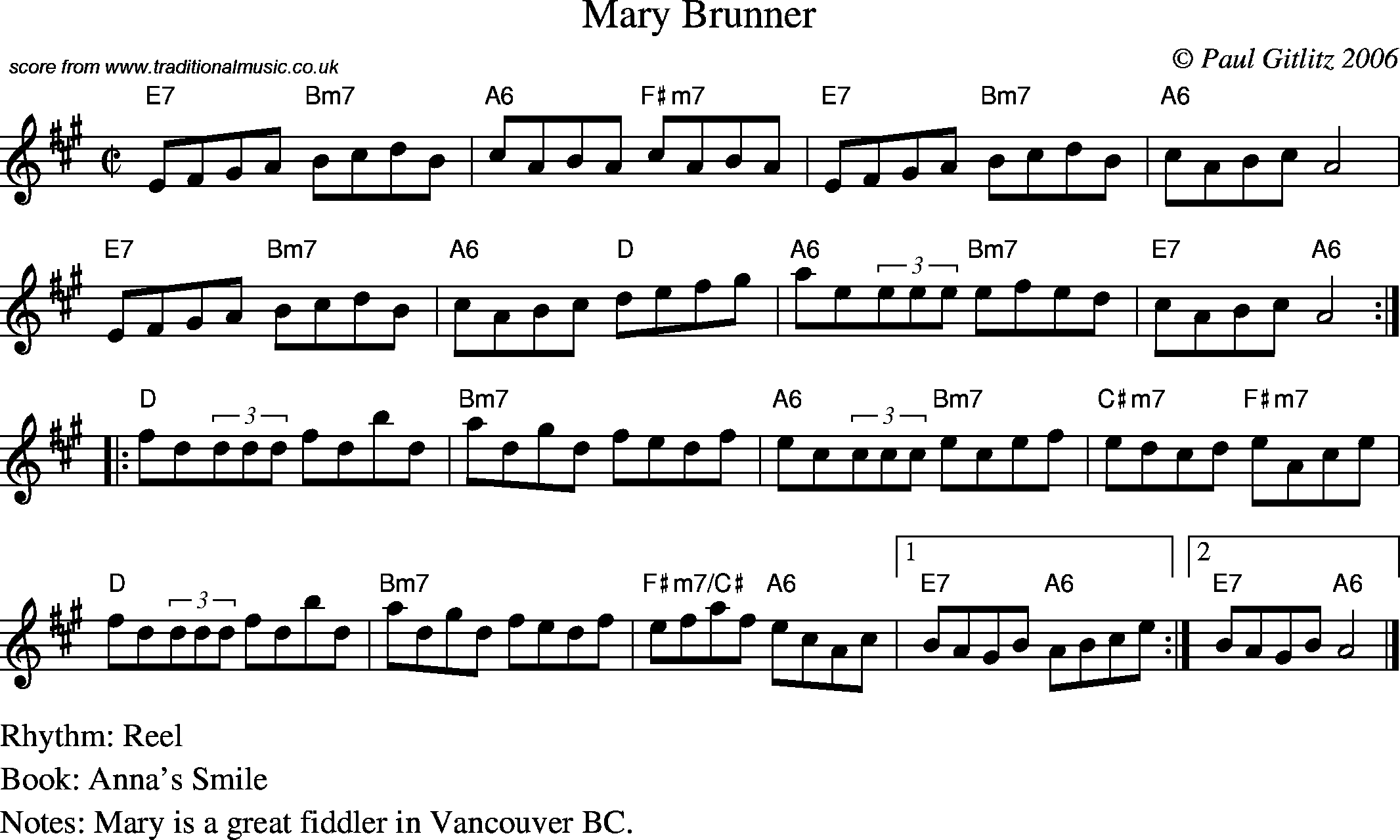 Sheet Music Score for Reel - Mary Brunner
