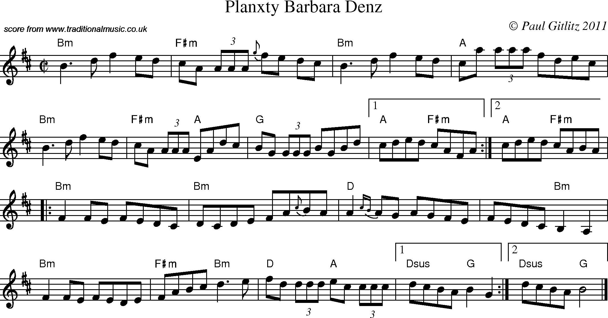 Sheet Music Score for Reel - Planxty Barbara Denz