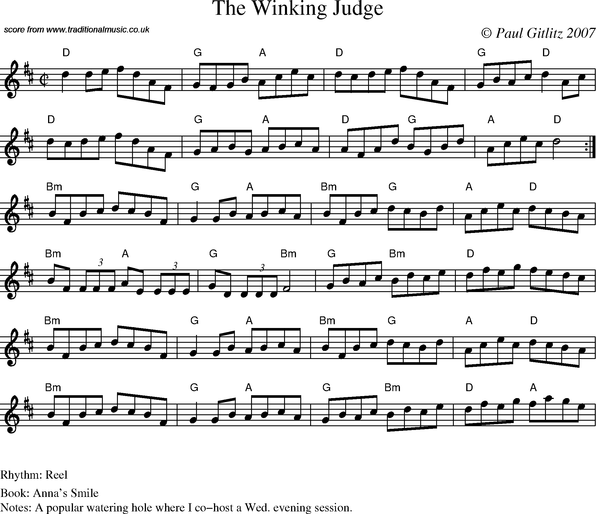 Sheet Music Score for Reel - The Winking Judge