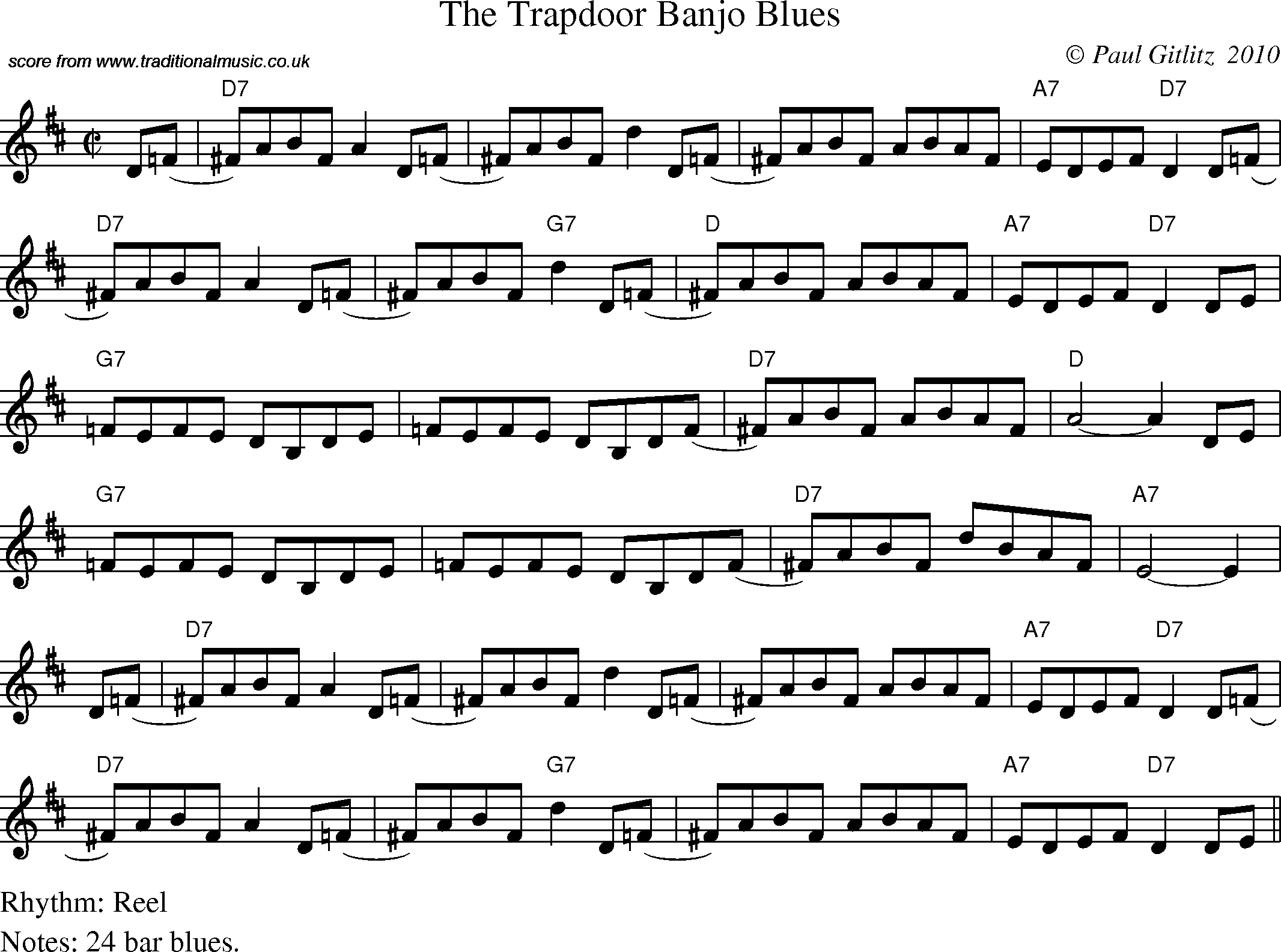 Sheet Music Score for Reel - Trapdoor Banjo Blues, The