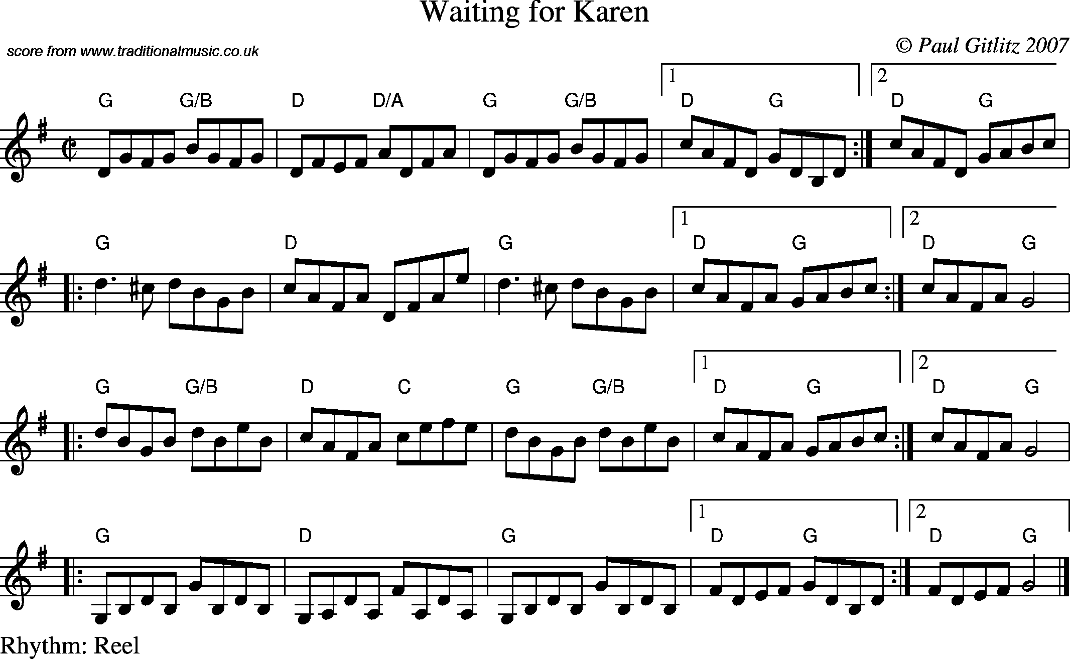 Sheet Music Score for Reel - Waiting for Karen