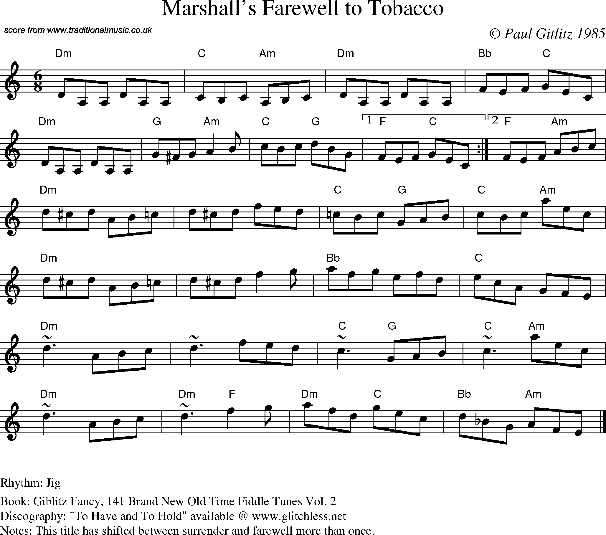 Sheet Music Score for Jig - Marshall's Farewell to Tobacco