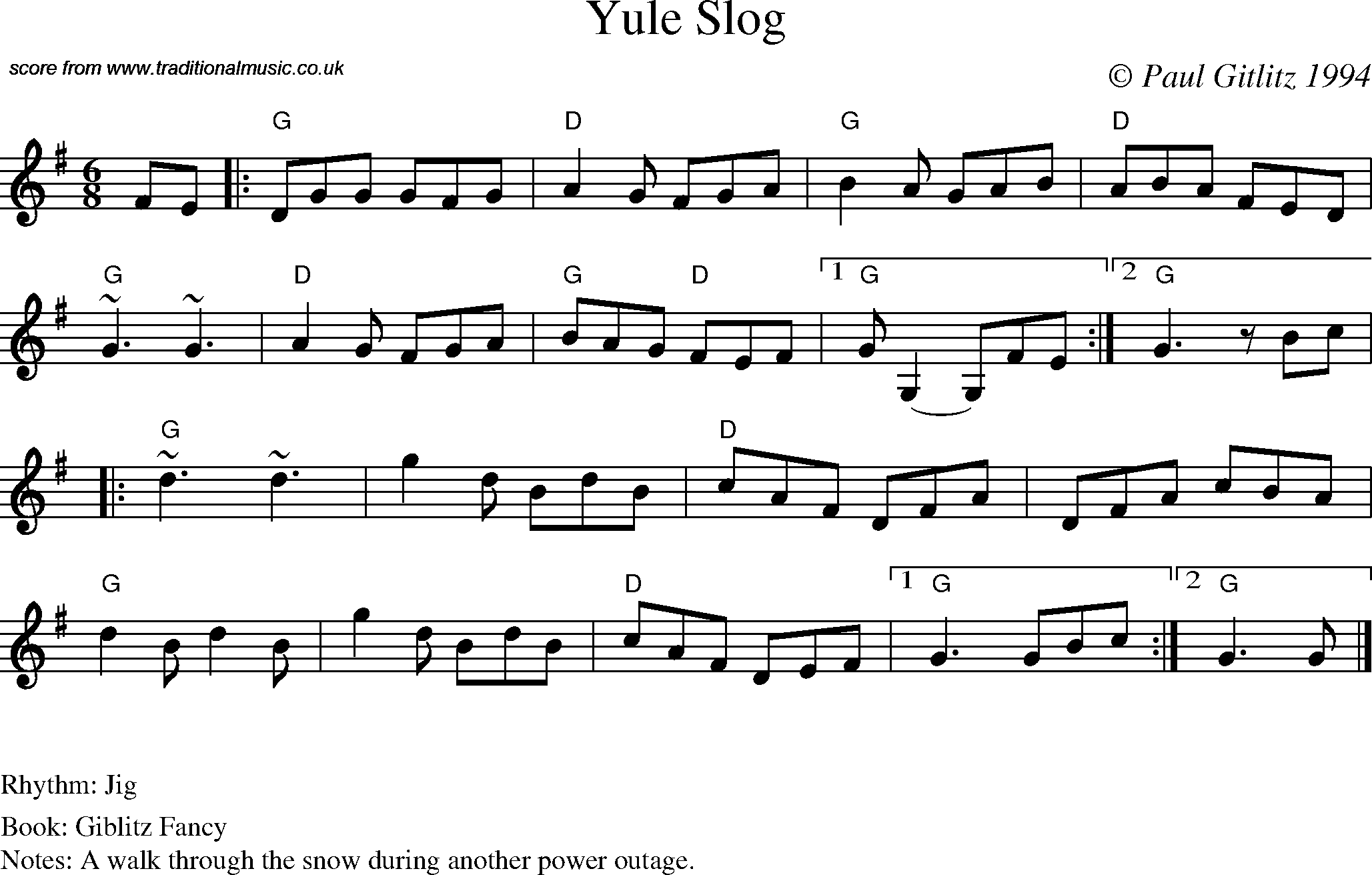 Sheet Music Score for Jig - Yule Slog