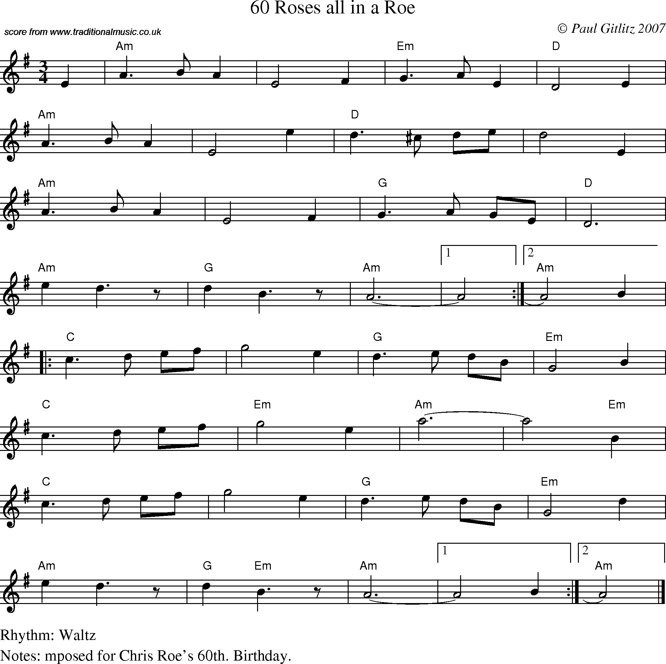 Sheet Music Score for Waltz - 60 Roses all in a Roe