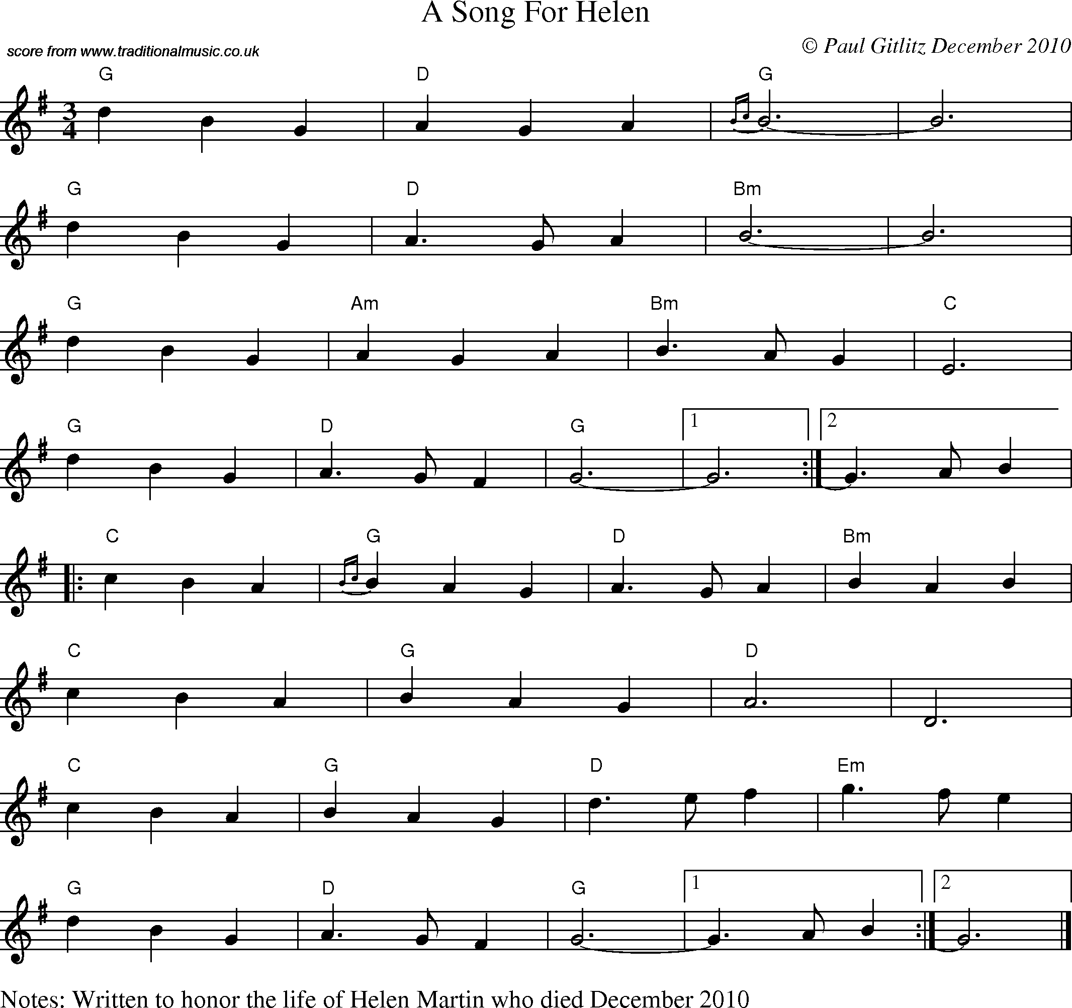 Sheet Music Score for Waltz - A Song For Helen