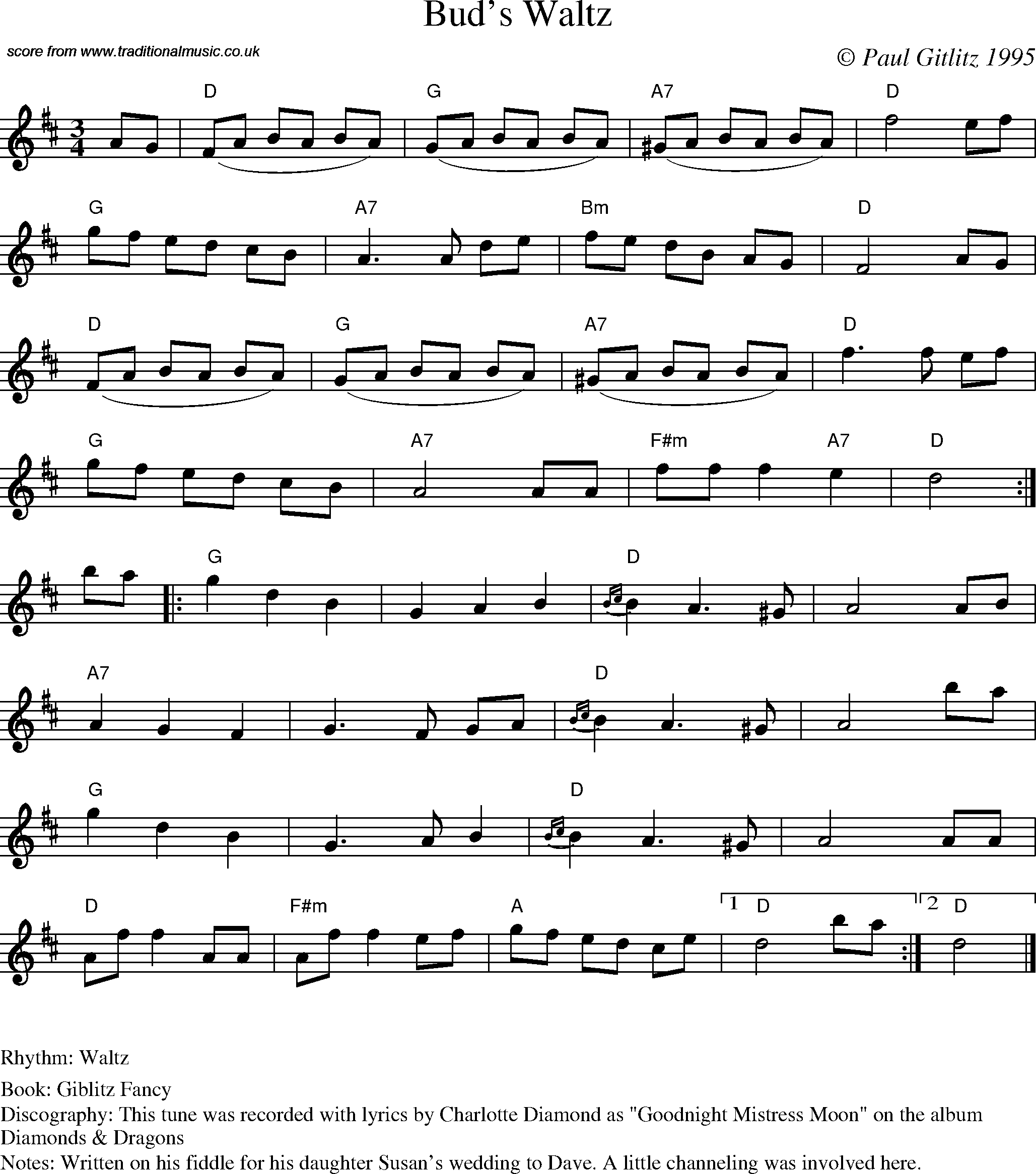 Sheet Music Score for Waltz - Bud's Waltz