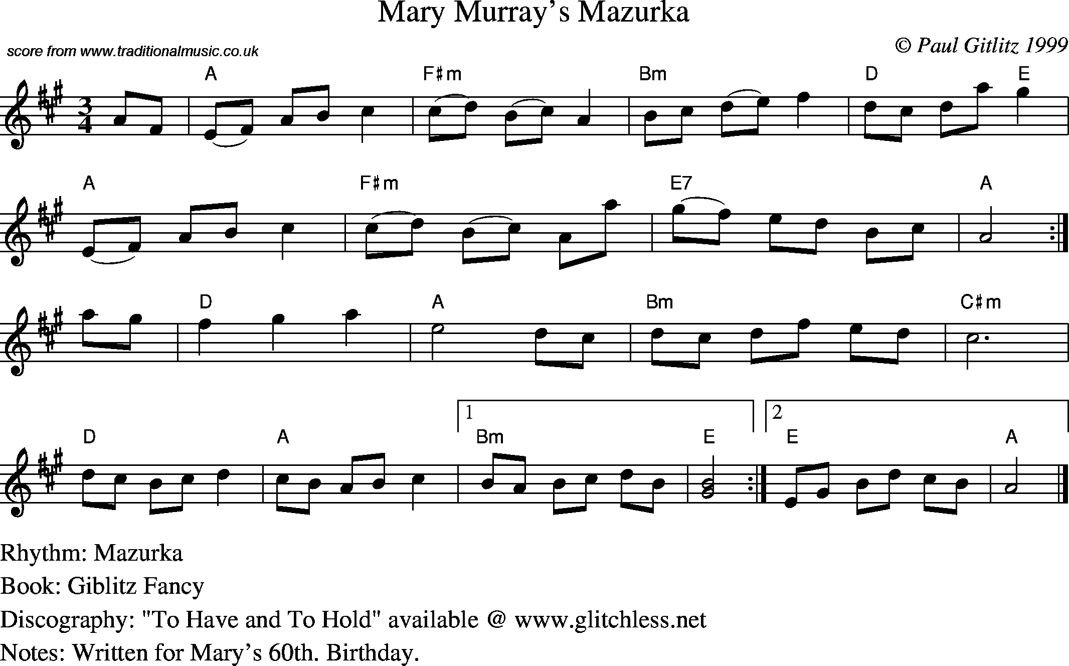 Sheet Music Score for Waltz - Mary Murray's Mazurka