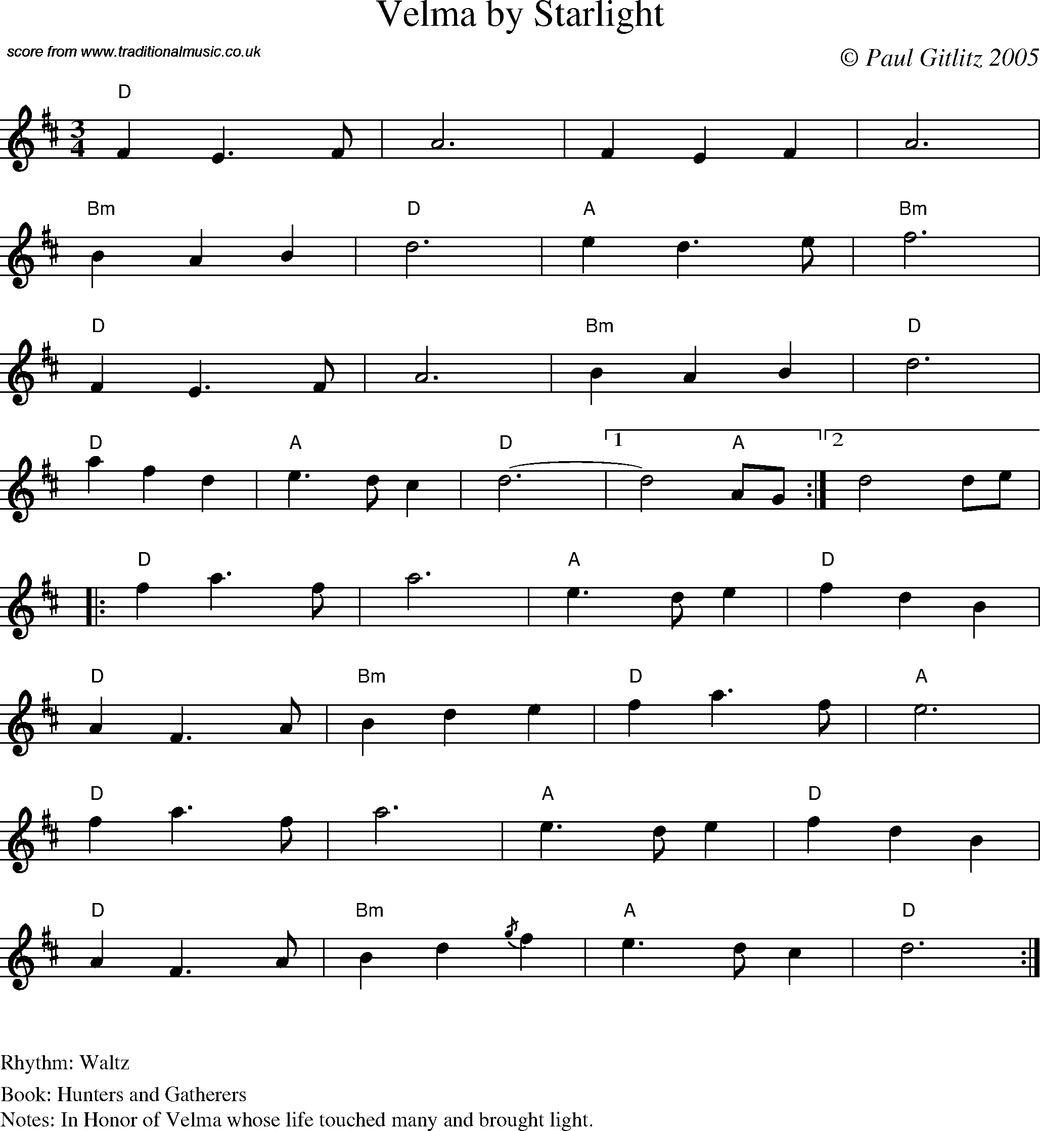 Sheet Music Score for Waltz - Velma by Starlight