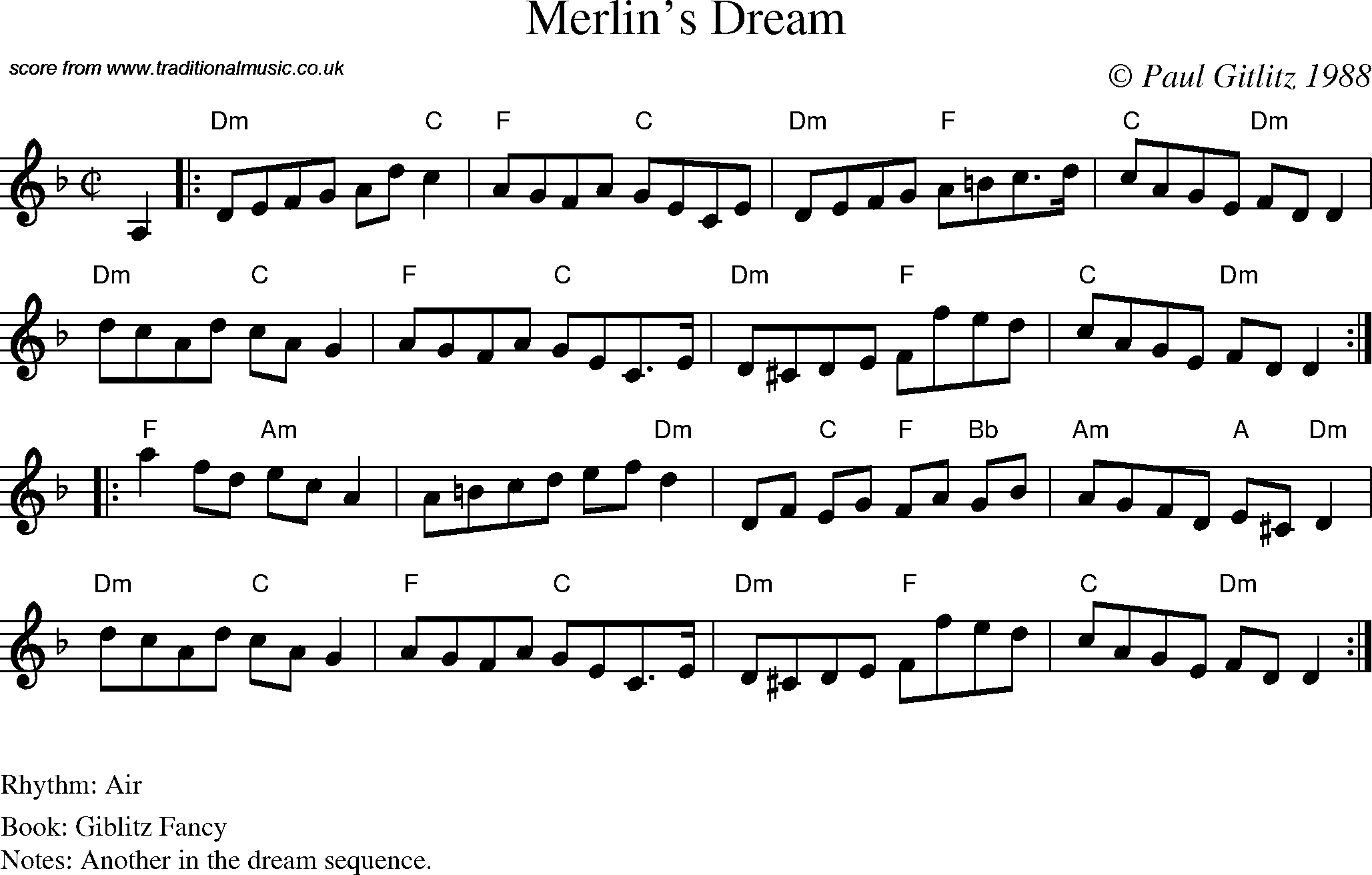 Sheet Music Score for Air - Merlin's Dream