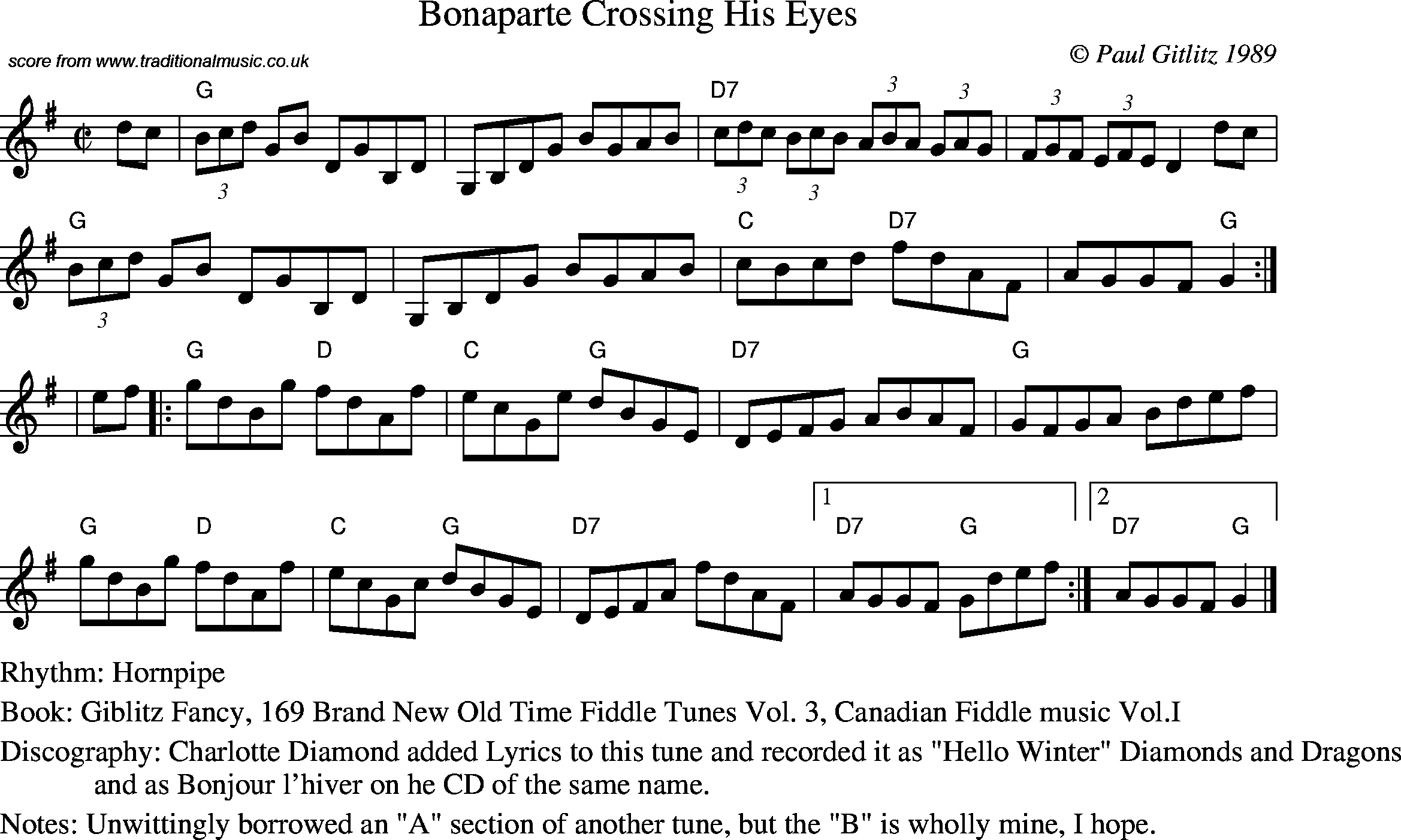 Sheet Music Score for Hornpipe/Strathspey - Bonaparte Crossing His Eyes