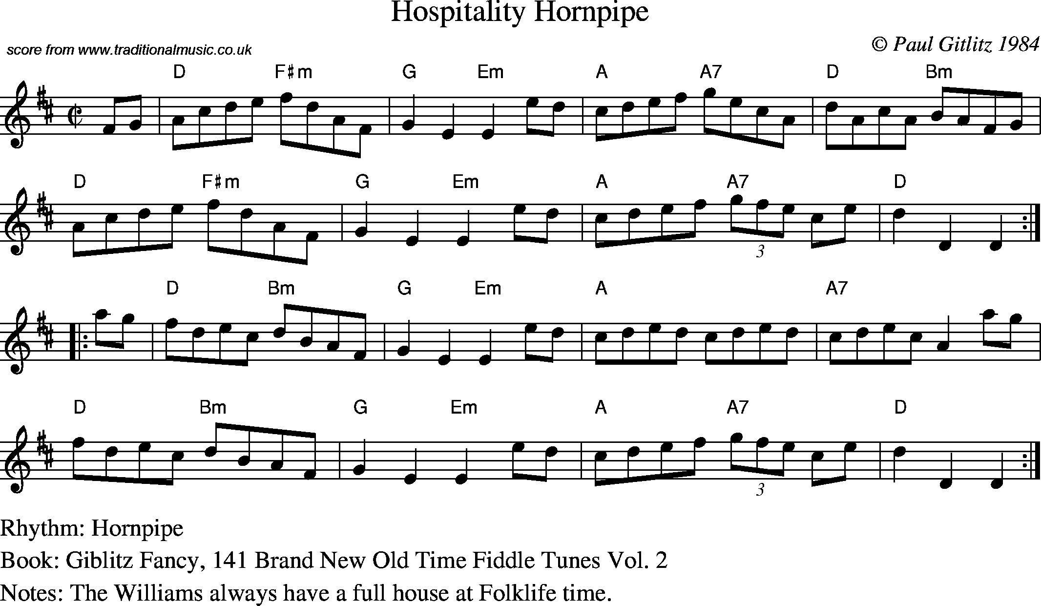 Sheet Music Score for Hornpipe/Strathspey - Hospitality Hornpipe