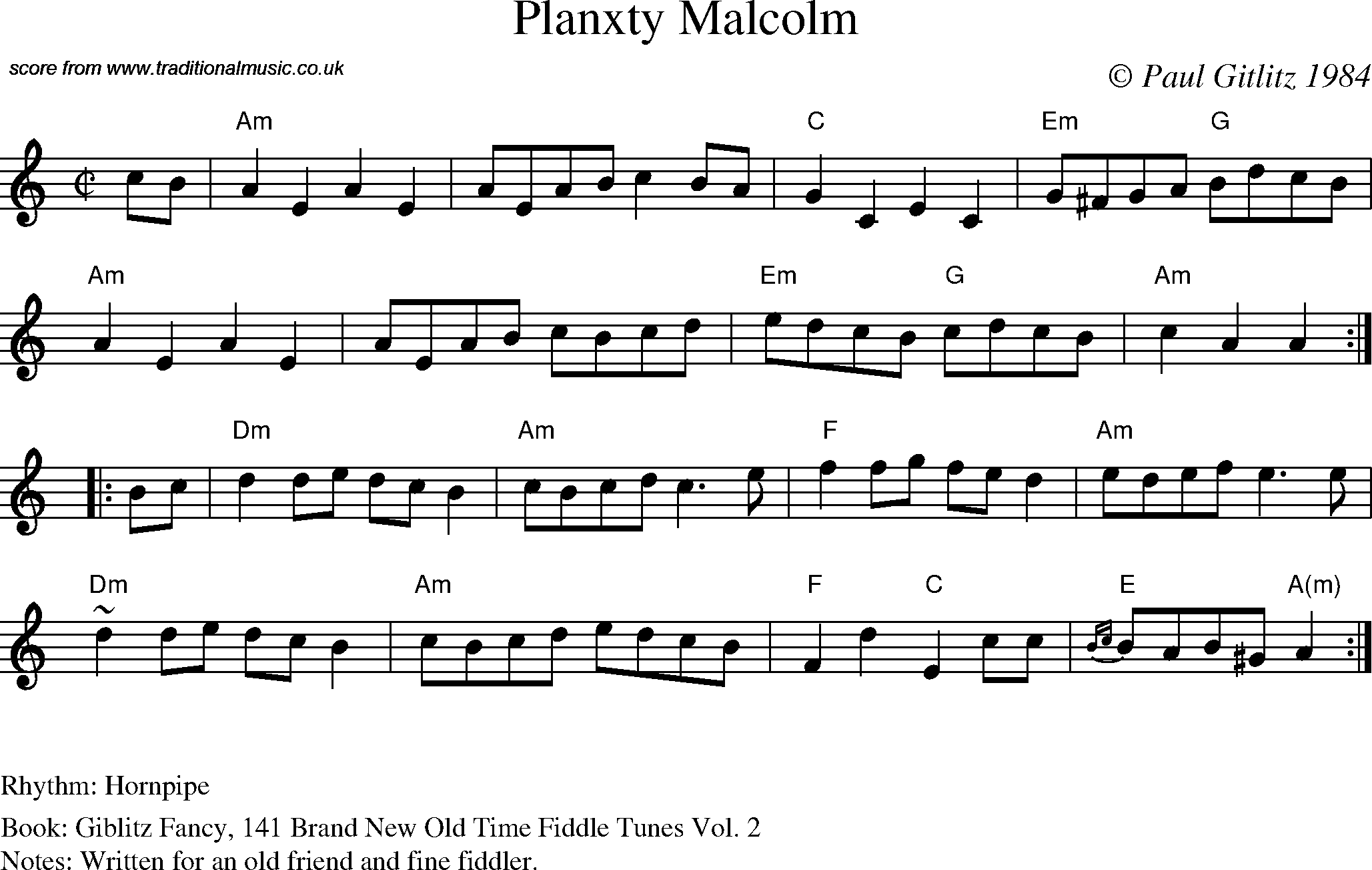 Sheet Music Score for Hornpipe/Strathspey - Planxty Malcolm