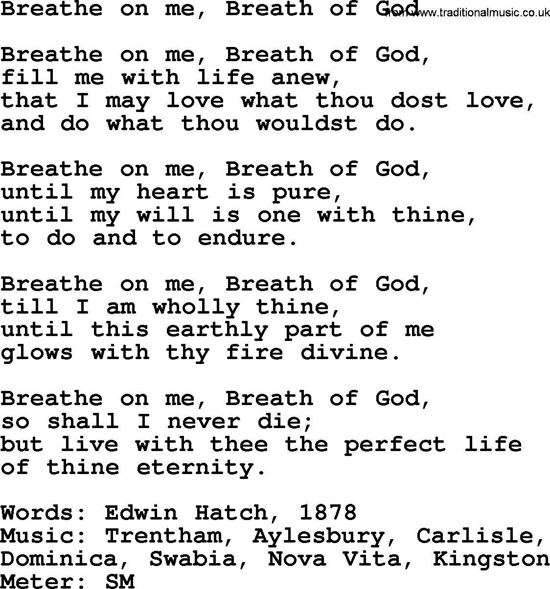 Pentacost Hymns, Hymn: Breathe On Me, Breath Of God, lyrics with PDF