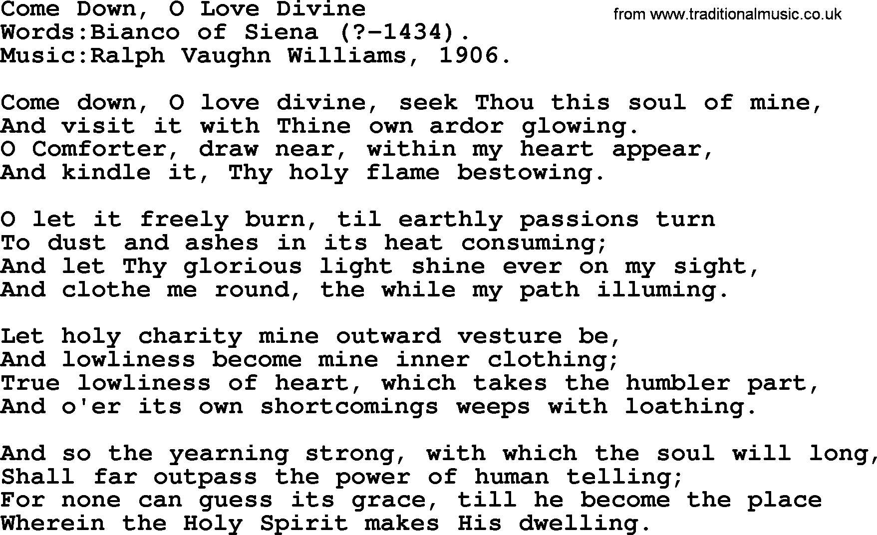 Pentacost Hymns, Hymn: Come Down, O Love Divine, lyrics with PDF