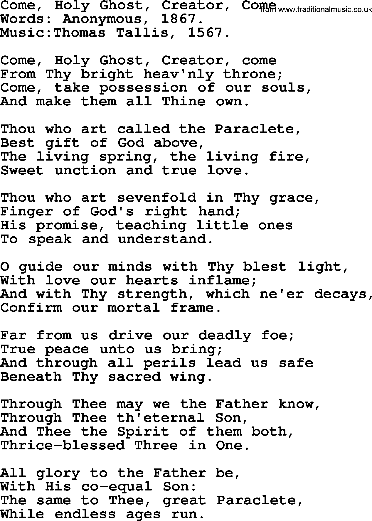 Pentacost Hymns, Hymn: Come, Holy Ghost, Creator, Come, lyrics with PDF