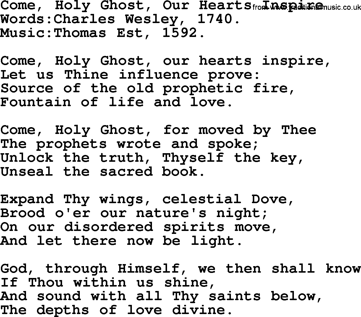 Pentacost Hymns, Hymn: Come, Holy Ghost, Our Hearts Inspire, lyrics with PDF