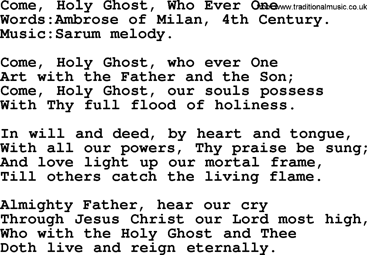 Pentacost Hymns, Hymn: Come, Holy Ghost, Who Ever One, lyrics with PDF