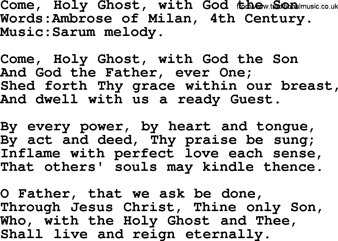 Pentacost Hymns, Hymn: Come, Holy Ghost, With God The Son, lyrics with PDF