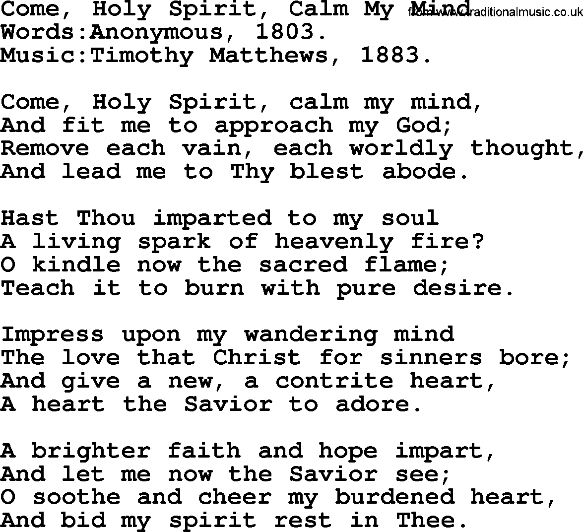 Pentacost Hymns, Hymn: Come, Holy Spirit, Calm My Mind, lyrics with PDF