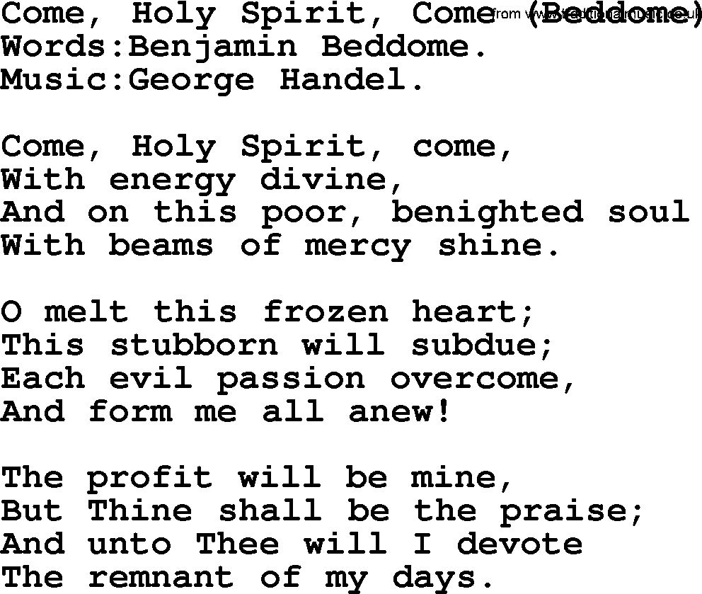 Pentacost Hymns, Hymn: Come, Holy Spirit, Come (Beddome), lyrics with PDF