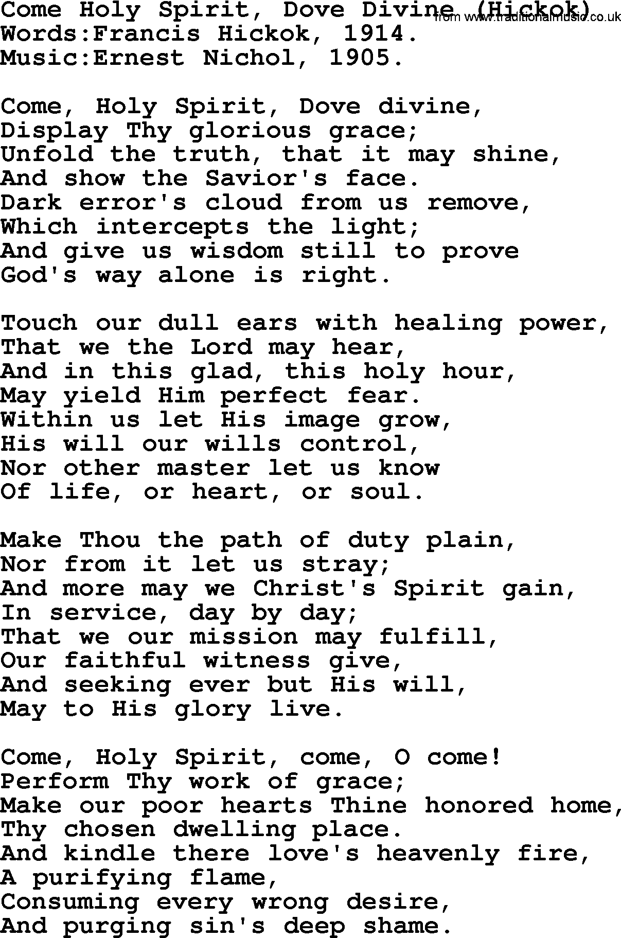 Pentacost Hymns, Hymn: Come Holy Spirit, Dove Divine (Hickok), lyrics with PDF
