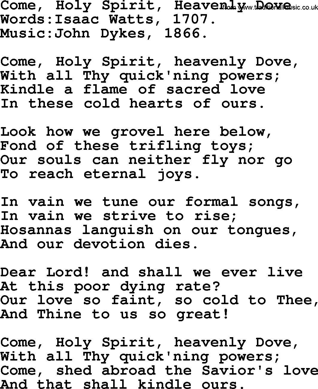 Pentacost Hymns, Hymn: Come, Holy Spirit, Heavenly Dove, lyrics with PDF