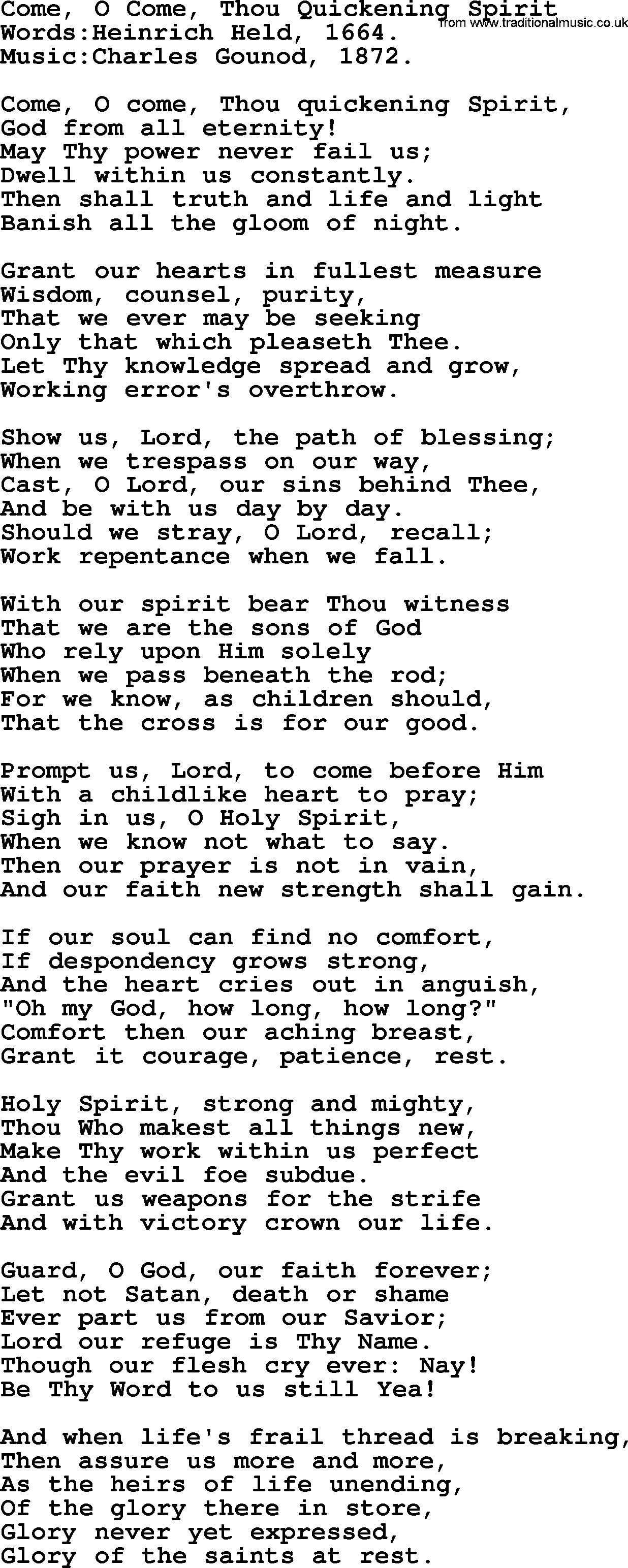 Pentacost Hymns, Hymn: Come, O Come, Thou Quickening Spirit, lyrics with PDF