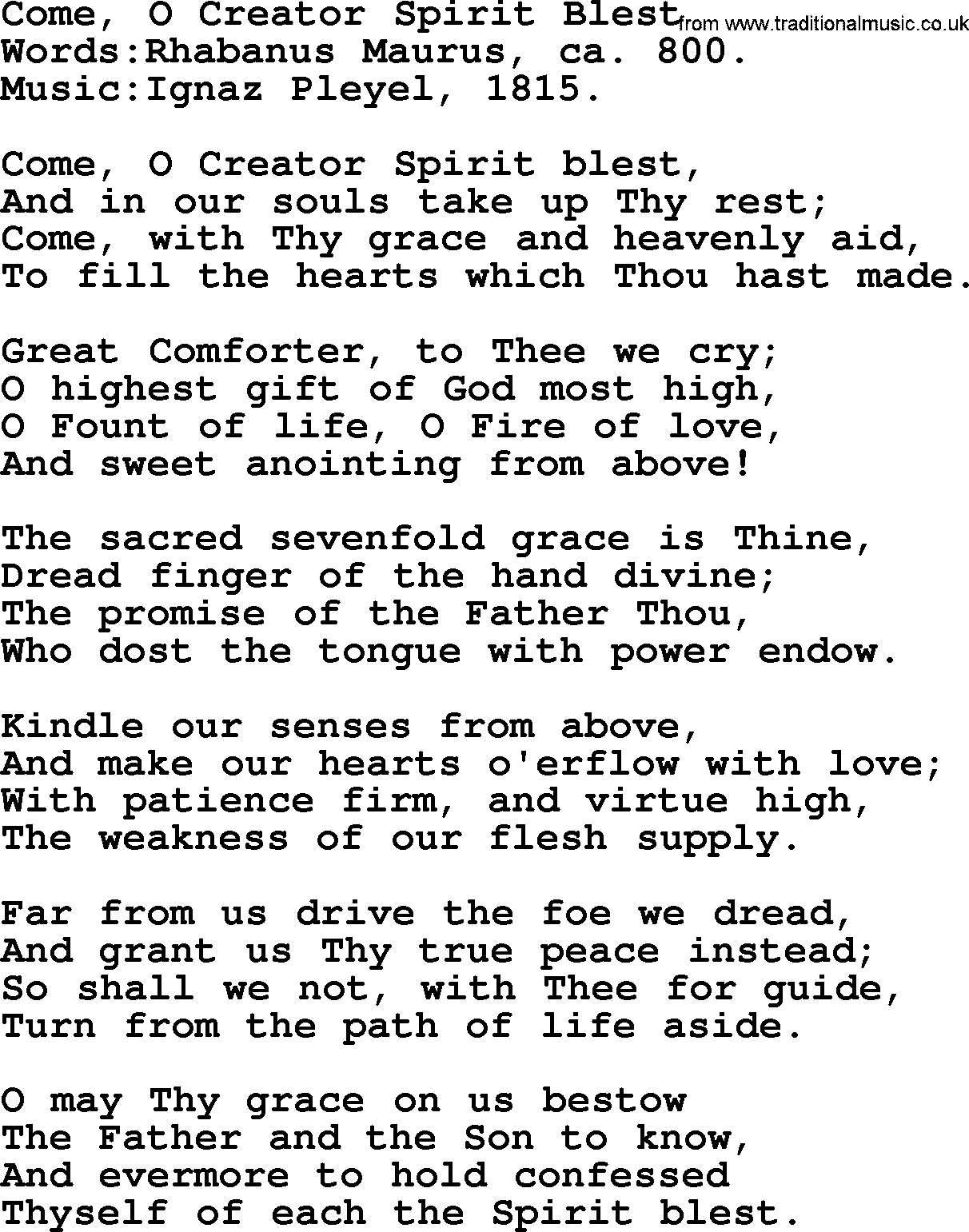 Pentacost Hymns, Hymn: Come, O Creator Spirit Blest, lyrics with PDF