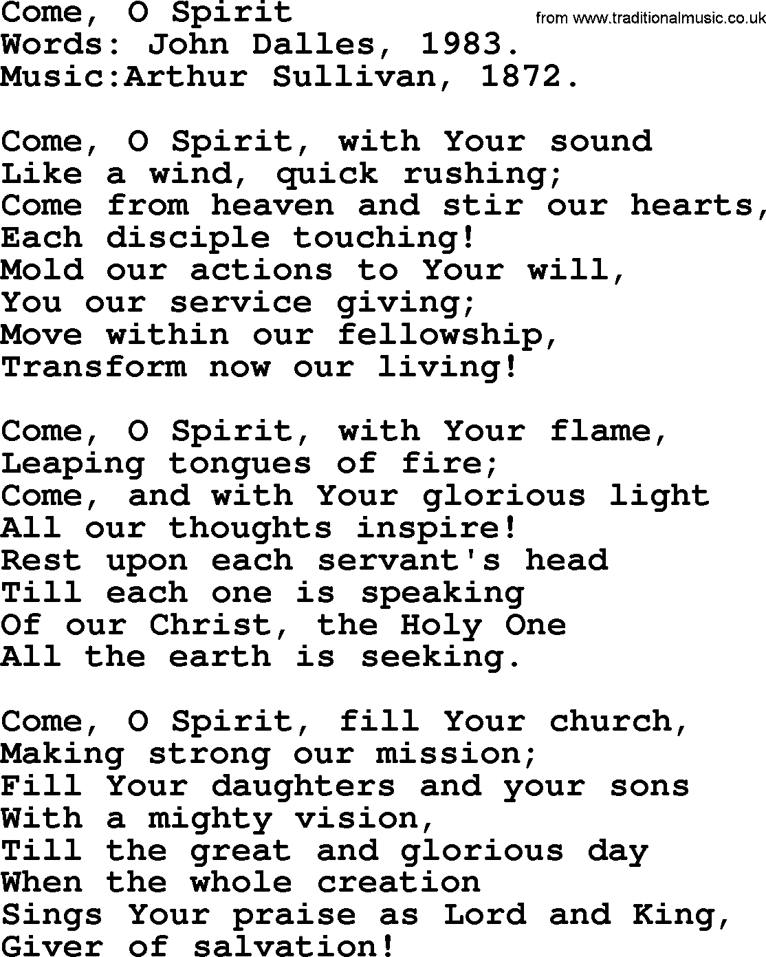 Pentacost Hymns, Hymn: Come, O Spirit, lyrics with PDF