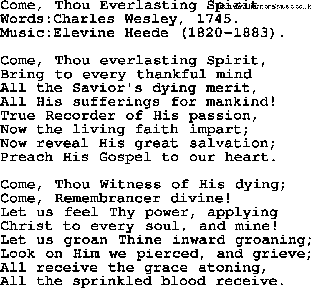 Pentacost Hymns, Hymn: Come, Thou Everlasting Spirit, lyrics with PDF