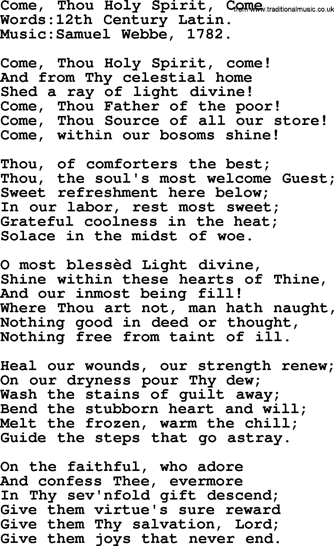 Pentacost Hymns, Hymn: Come, Thou Holy Spirit, Come, lyrics with PDF