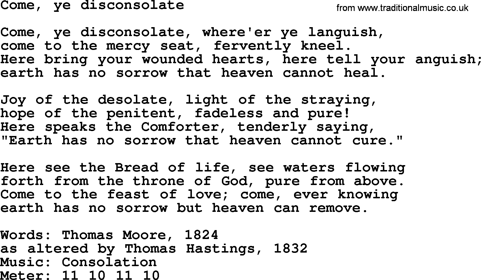 Pentacost Hymns, Hymn: Come, Ye Disconsolate, lyrics with PDF