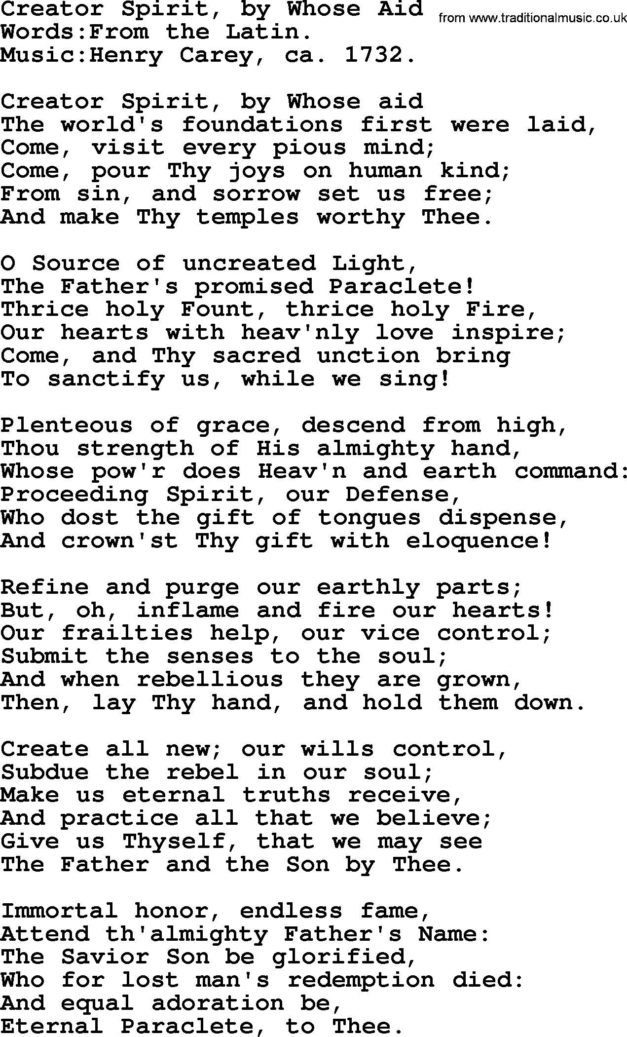 Pentacost Hymns, Hymn: Creator Spirit, By Whose Aid, lyrics with PDF
